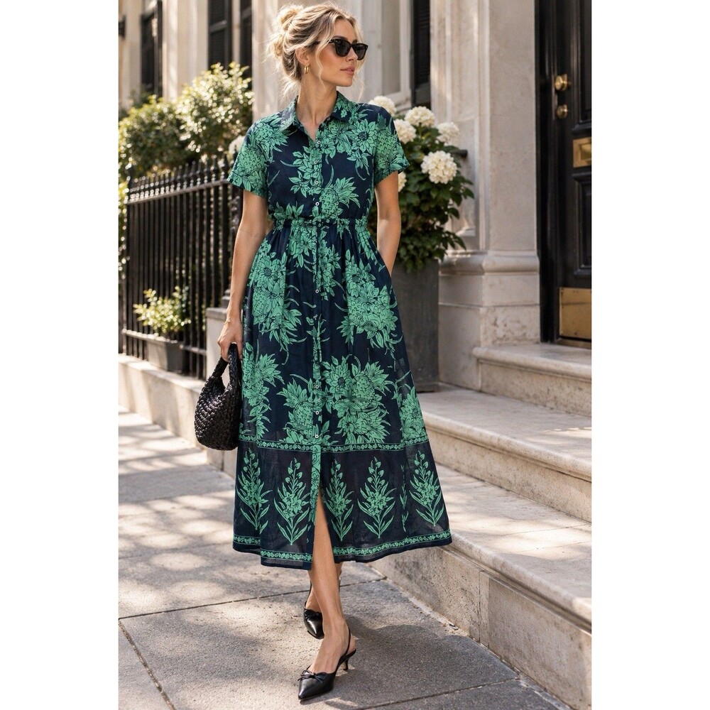 J Crew Ramie Petite Cerise Shirt Dress Navy Green Pineapple Print Midi